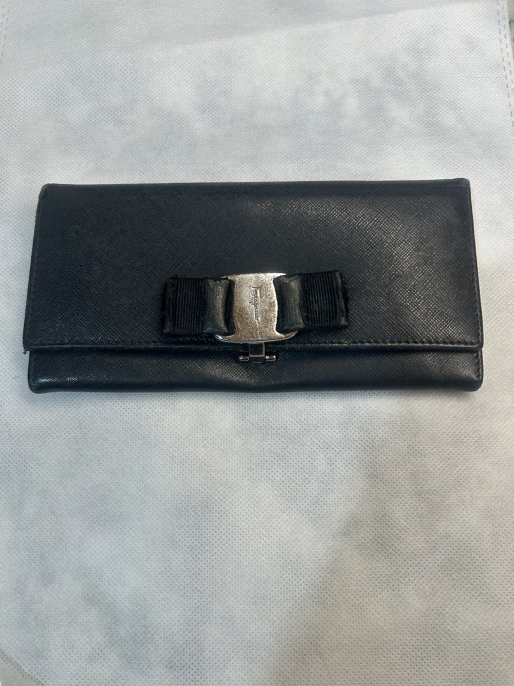 Salvatore Ferragamo Black Leather Bow-Trim Wallet with Silver Hardware
